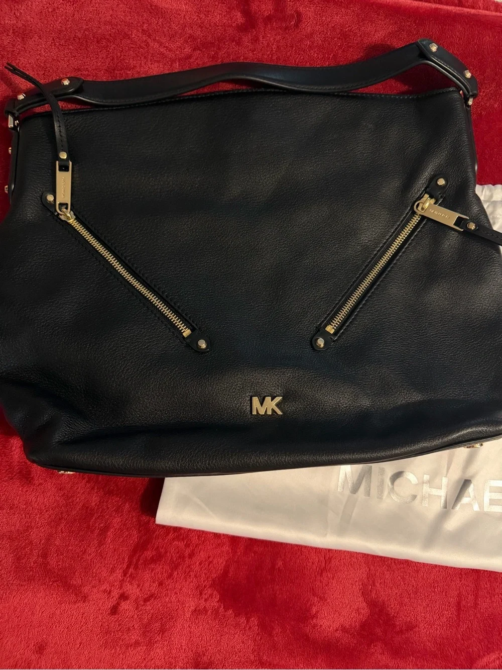 Michael Kors Black Leather Hobo Shoulder Bag with Gold Accents